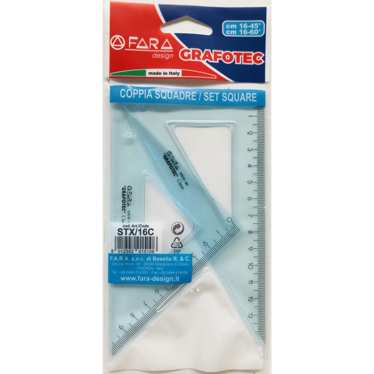 SQUADRE 16CM GRAFOTEC 60°- 45° IN PLASTICA TRASPARENTE AZZURRINA F.A.R.A.