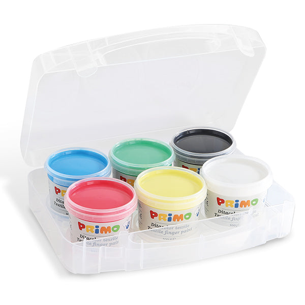 Tempera a dita tessile in vasetto, valigetta multiuso, 6 colori. PRIMO MOROCOLOR