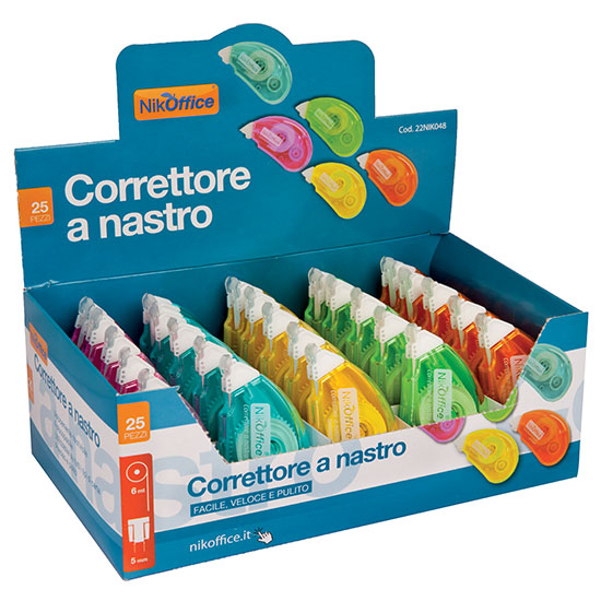 Correttore a nastro NikOffice colori assortiti. 5mm x 6 mt