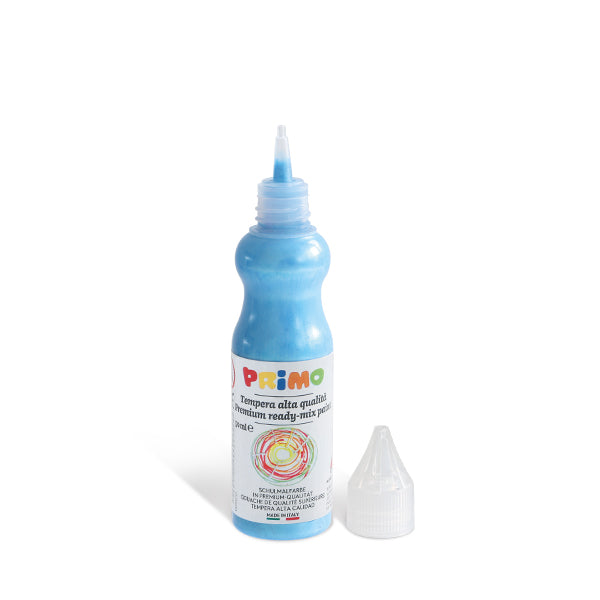 Tempera alta qualità in bottiglietta con beccuccio dosatore, 8 colori: 4 fluo e 4 metallizzati. PRIMO MOROCOLOR