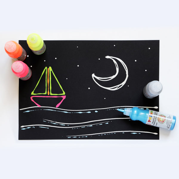 Tempera alta qualità in bottiglietta con beccuccio dosatore, 8 colori: 4 fluo e 4 metallizzati. PRIMO MOROCOLOR