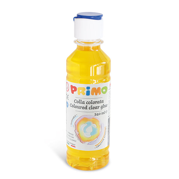 Colla ad acqua colorata trasparente colore giallo , bottiglia con tappo dosatore 240 ML. PRIMO MOROCOLOR