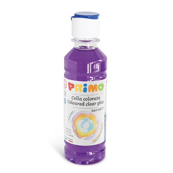 Colla ad acqua colorata trasparente colore viola , bottiglia con tappo dosatore 240 ML. PRIMO MOROCOLOR