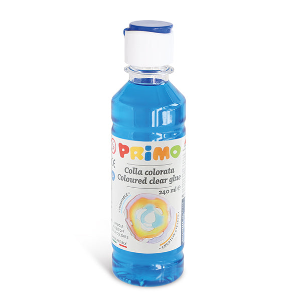 Colla ad acqua colorata trasparente colore ciano , bottiglia con tappo dosatore 240 ML. PRIMO MOROCOLOR