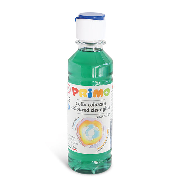 Colla ad acqua colorata trasparente colore verde , bottiglia con tappo dosatore 240 ML. PRIMO MOROCOLOR