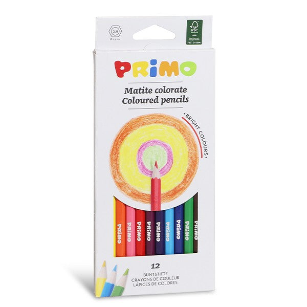 Matite colorate esagonali, laccate, in scatola cartone, 12 colori.