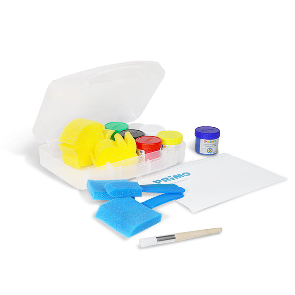 Tempera alta qualità in barattolo, 6 colori. Valigetta multiuso, 2 spugne, 3 pennelli in spugna, 1 tovaglietta. PRIMO MOROCOLOR
