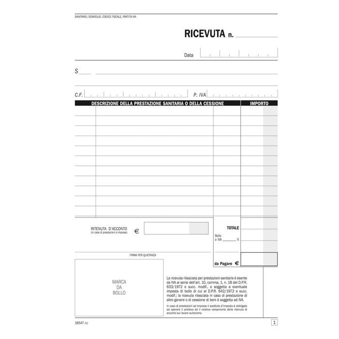 BLOCCO RICEVUTE SANITARIE A5 2 COPIE  DATA UFFICIO DU165470000