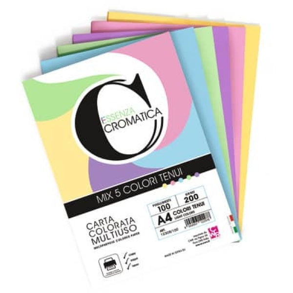 Carta colorata Cromatica CWR colori tenui formato A4 - 5 colori assortiti in 100 ff - 200 gr