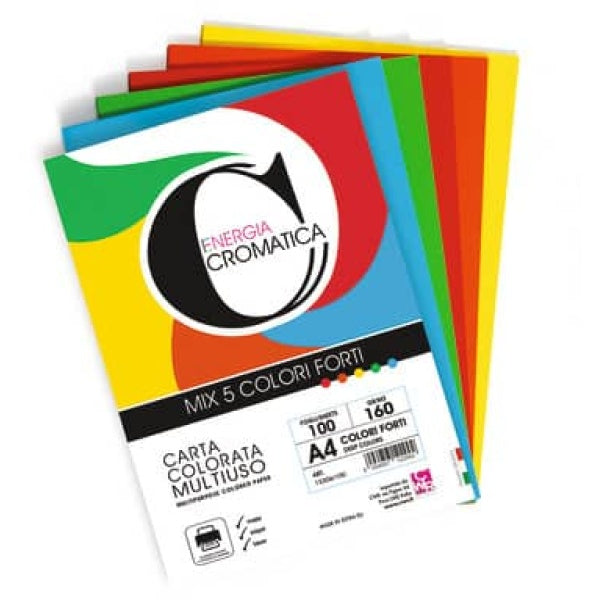 Carta colorata Cromatica CWR colori forti formato A4 - 5 colori assortiti in 100 ff - 160 gr