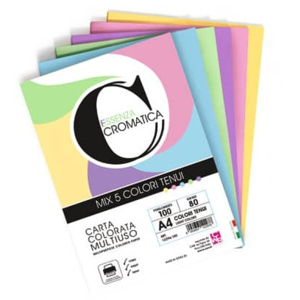 Carta colorata Cromatica CWR colori tenui formato A4 - 5 colori assortiti in 100 ff - 160 gr